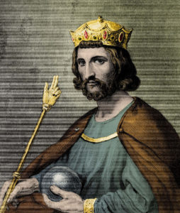Hugues Capet (941-996), roi de France. Gravure par Delannoy d'après Steuben. Photo colorisée.